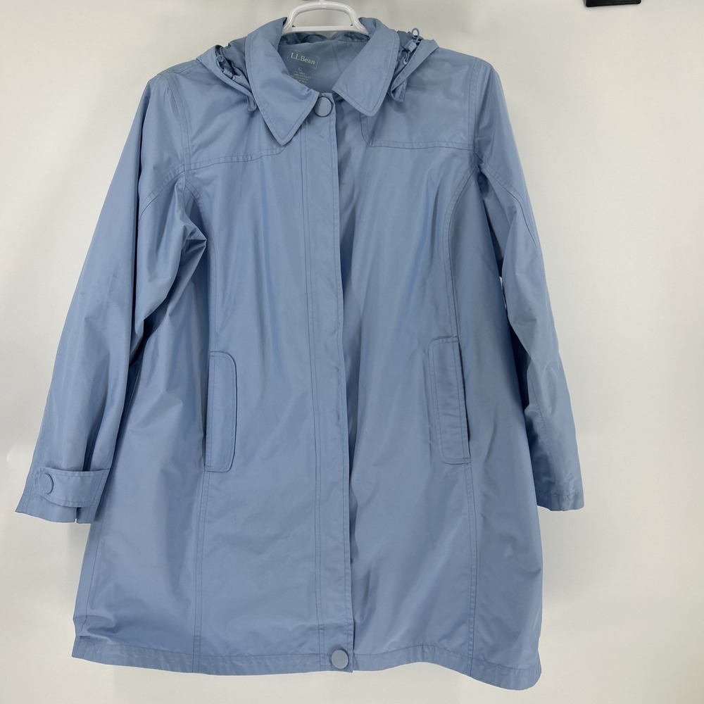 L.L.Bean Raincoat Coat Women's XL Light Blue Hood Windbreaker Mid Length Spots